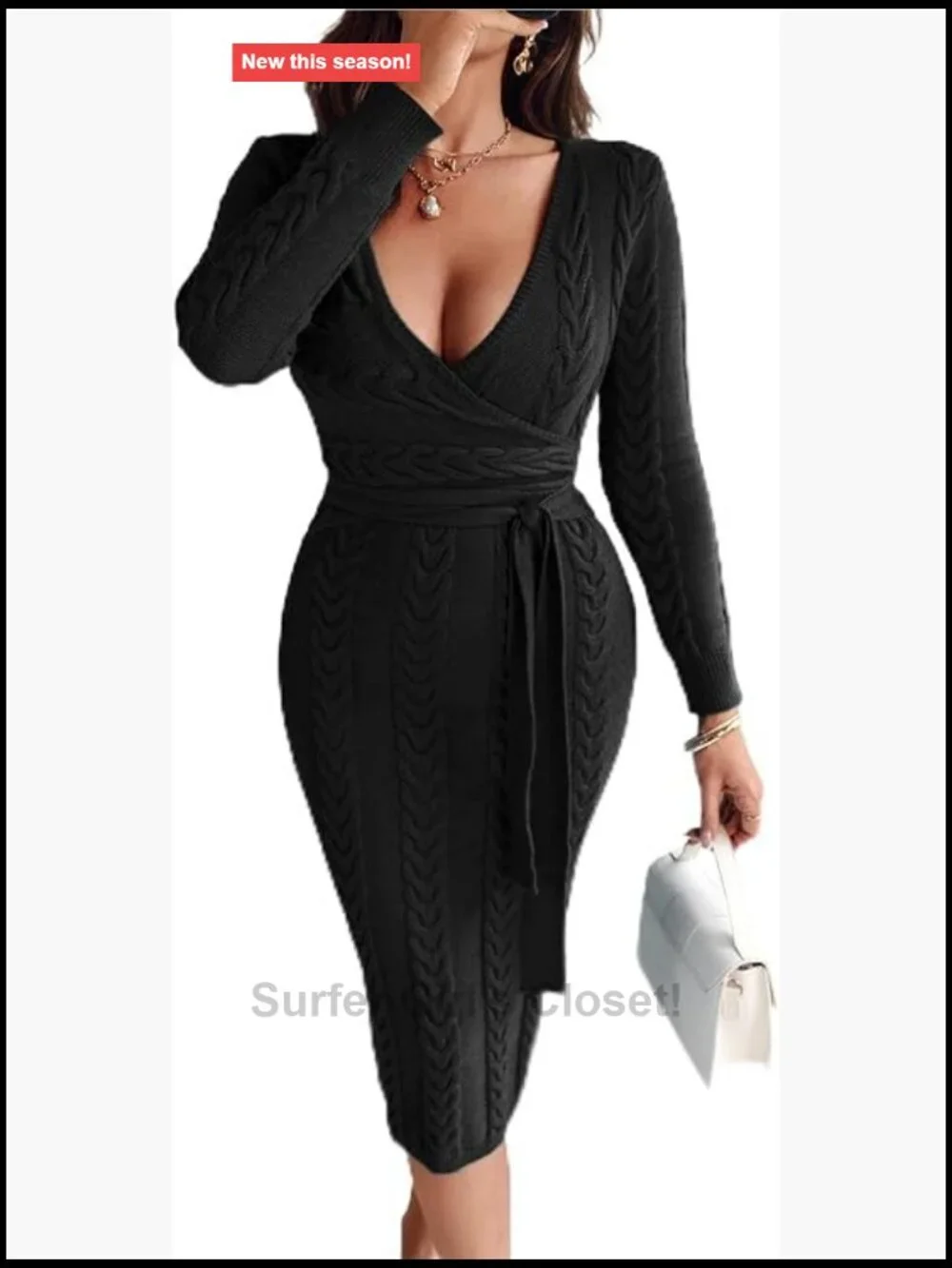 Cable Knit Wrap Dress Long Sleeve V-Neck Midi Bodycon Tie Waist Sweater Dress